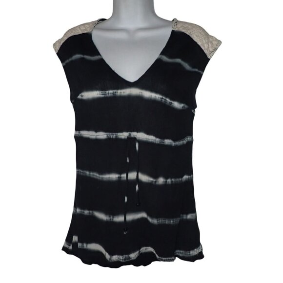 Rip Curl Top Women M Black Sumatra Stripe Tunic Gauzy Beach Crochet Boho Surf‎ - Picture 1 of 5